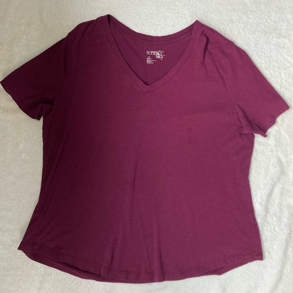Terra & Sky Burgundy V-Neck Short Sleeve Top